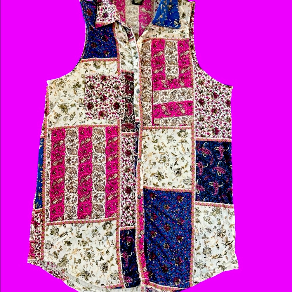 Patchwork Sleeveless Button-Up Top Semi-Sheer Women’s Size M